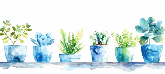 Plants planted in watercolor pots on white background - obrazy, fototapety, plakaty