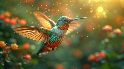 Fototapeta premium Flying hummingbird with green forest in background. Small colorful bird in flight. Digital art