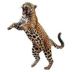 Leopard, Panthera pardus, roaring  and jumping in front of white background