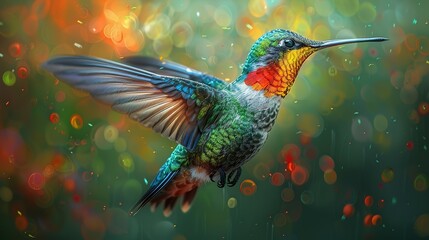 Flying hummingbird with green forest in background. Small colorful bird in flight. Digital art - obrazy, fototapety, plakaty