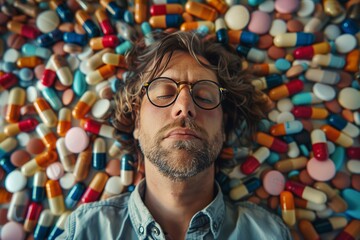 Man surrounded by a variety of pills - obrazy, fototapety, plakaty