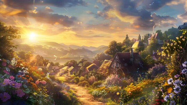 Tranquil mountain scene with charming house and winding path. Seamless Looping 4k Video Animation