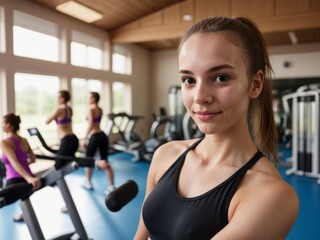 Fototapeta na wymiar Young sporty girl takes selfies in gym