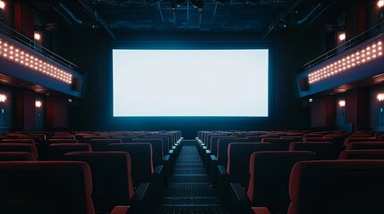 Empty Cinema Auditorium with Blank White Screen  - obrazy, fototapety, plakaty