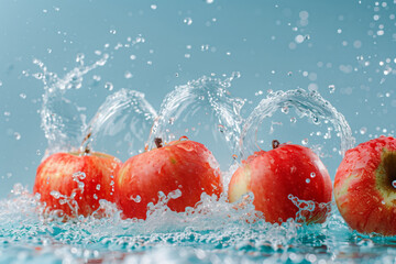 Ripe apples with splashes of water on a coloured background, flying or rubbing in
