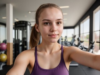 Young sporty girl takes selfies in gym