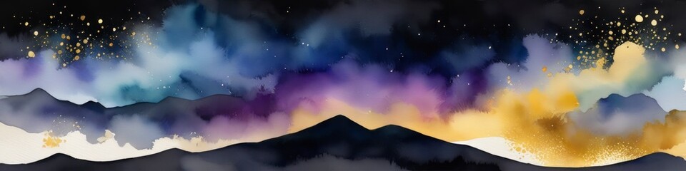 Abstract watercolor blurred mountain landscape in gray, orange and purple tones on white background. Abstract background for design, space for text.