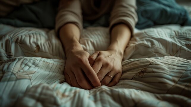 A close-up view captures the hands of an adult tightly clasped together in a gesture that may suggest contemplation or anxiety