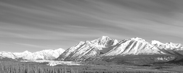 Black and white view of Matanuska glacier at the base of the Chugach Mountain Range near Palmer...