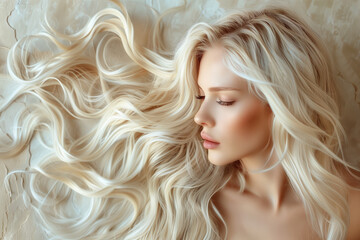 A blonde woman lwith her luxurious wavy hair, highlighting effective haircare..