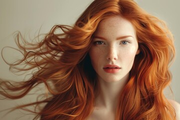 A captivating redhead with voluminous, flowing hair and freckled skin showcases natural haircare and skincare..