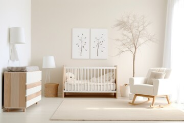 Minimalist nursery room for boy or girl. Baby room interior, in soft pastel colors, scandinavian style