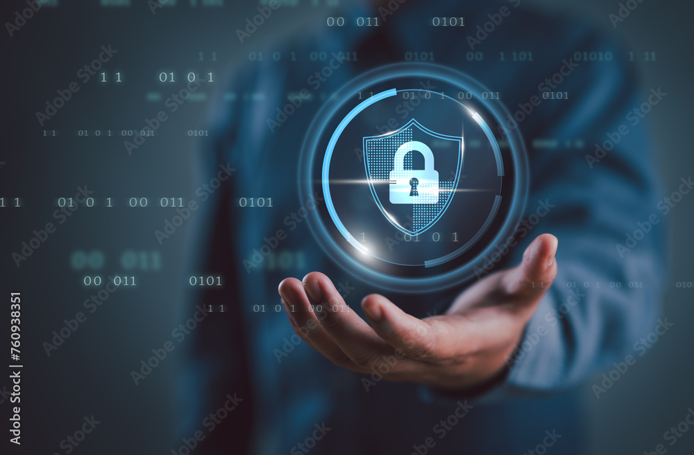 Poster lock mark cybersecurity internet, secure data. concept of protect attacks from a hacker, password security, and privacy on an online system. information technology digital, crime, and viruses cyber