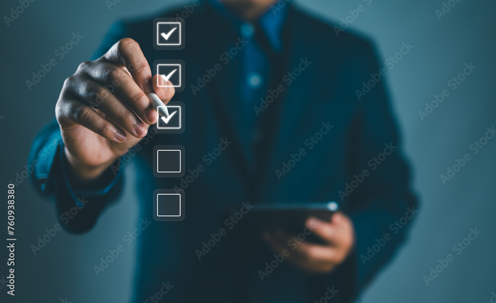 Poster the person holding a tablet ticks the checkmark in the box. on the list of documents. the concept of check form online, checklist process order. business verify task detail and evaluation tick mark