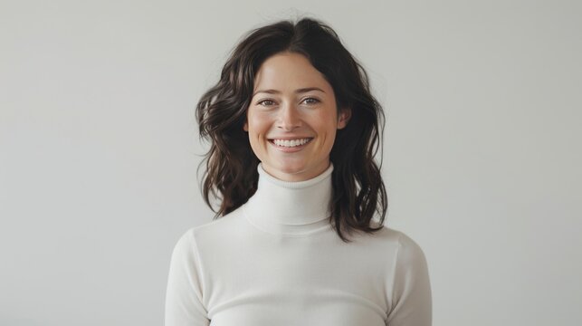 A smiling woman, exuding confidence and happiness with white turtleneck.