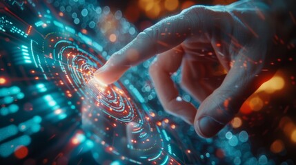 A close-up view of a human hand touching a futuristic digital interface with circular patterns and light elements, suggesting high-tech gadget interaction or virtual reality manipulation