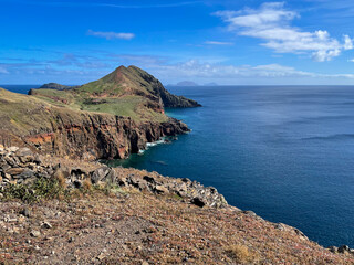 Breattaking view of the peninsula Ponta de São Lourenço mountain from hiking trail and Atlantic ocean on the Madeira island