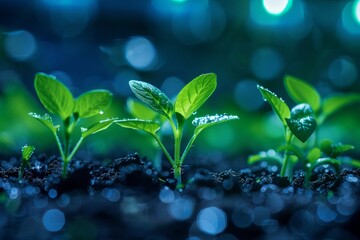 Nano-engineered blockchain seeds sprouting in a laser-lit financial garden 
