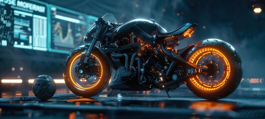 Realistic cyberpunk motorbike in dark mood. Big vehicle bike with cool futuristic design, vivid color scheme
