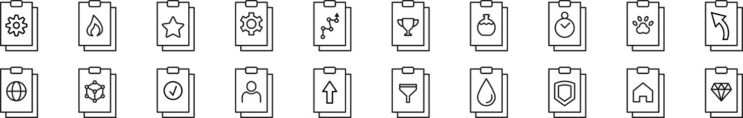 Collection of thin signs of clipboard. Editable stroke. Simple linear illustration for stores, shops, banners, design