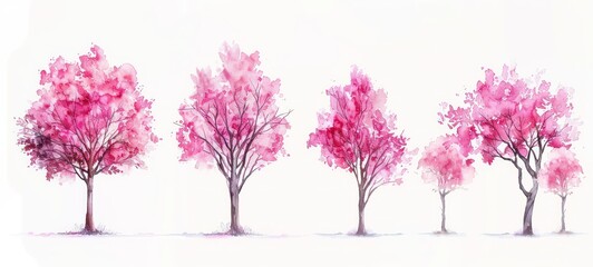 Obraz premium Set of watercolor pink trees on white background