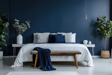 Modern bedroom interior with trendy combination of  blue and orange colors elements