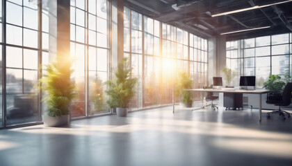Modern, spacious office with large windows, allowing the golden sunlight to illuminate the interior...