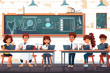 Enthusiastic Students in a Modern Classroom Learning Science and Technology - Educational Vector Illustration for Creative Projects