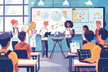 Enthusiastic Students in a Modern Classroom Learning Science and Technology - Educational Vector Illustration for Creative Projects