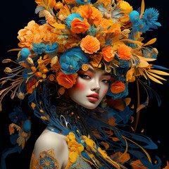 A woman with a flowery headdress is the main subject of the image