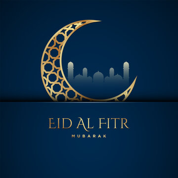 Silhouette of mosque and golden crescent moon on blue background for the occasion of Muslim community festival Eid-Al-Fitr.