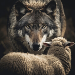 Fototapeta premium The wolf leader talks with the sheep employee, business concept illustration, the leader and the employee facing fears, hunted. 