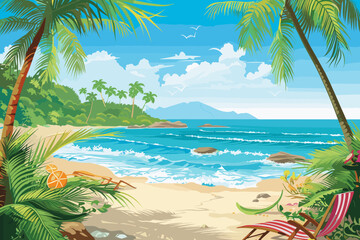 Exotic Beach Paradise: Tropical Sunset Escape Vector Illustration