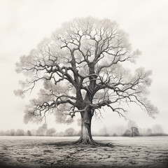A large tree stands alone in a field