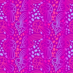 Cartoon autumn harvest seamless Halloween mushrooms with skulls pattern for wrapping paper and fabrics