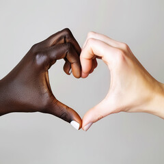 Hands with different skin colors on white background making a heart shape, anti racism concept