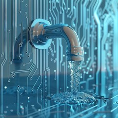 concept of dat leak, leaky software, data with a tap sticking out. Protection of data. 