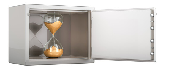 Hourglass inside safe with combination lock, 3D rendering isolated on transparent background - 760942772