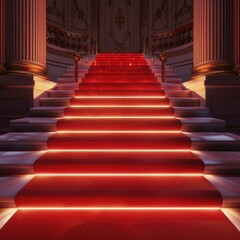 Red Glowing Carpet and Ceremonial VIP Staircase, Close-Up Detail of VIP Luxury Entrance with Red Carpet, Exuding Elegance and Sophistication
