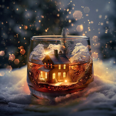 House in a blizzard of a bourbon glass. Generative AI - obrazy, fototapety, plakaty