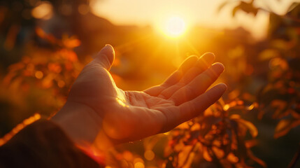 In the serene embrace of twilight, an outstretched hand is bathed in the warm, golden light of a setting sun, with the colours of autumn leaves softly blurred in the background