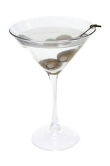 A martini glass filled with a clear liquid and a few olives