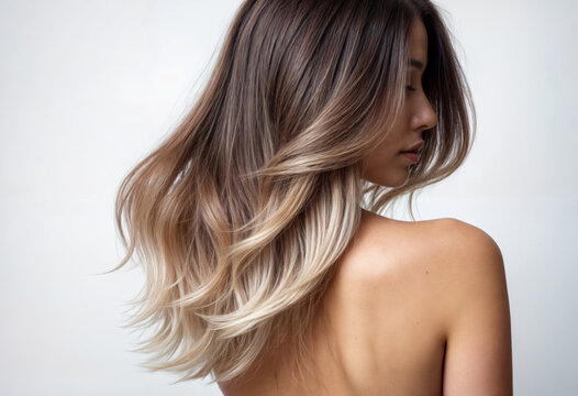 Luxe Balayage Hair Flow on Bare-Shouldered Woman