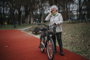 Joyful mature lady having a conversation on her mobile phone while standing with her bicycle on a park pathway.