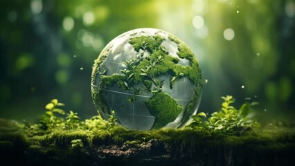 globe planet earth in forest green energy and environmental concept Generative AI