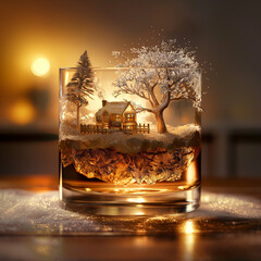 House in a blizzard inside of a bourbon glass . Generative AI - obrazy, fototapety, plakaty