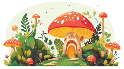 Magical fairy garden with toadstools and fairy hous