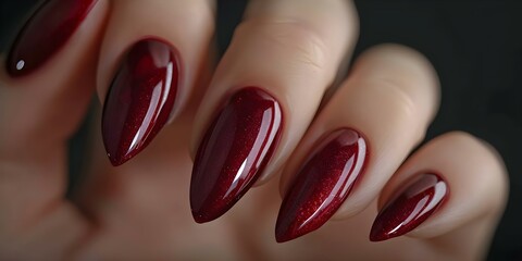 Close-up of Woman's Hand Showing Off Burgundy Gel Manicure at High Angle. Concept High Angle Gel Manicure Shot, Burgundy Nail Design, Woman's Hand Close-up, Nail Art Photography