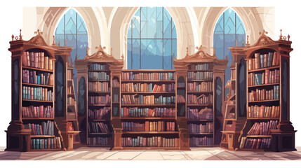 Magical library with towering bookshelves and mysti