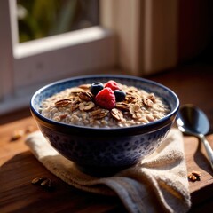 Bowl of healthy oatmeal with berries, nutritious breakfast meal